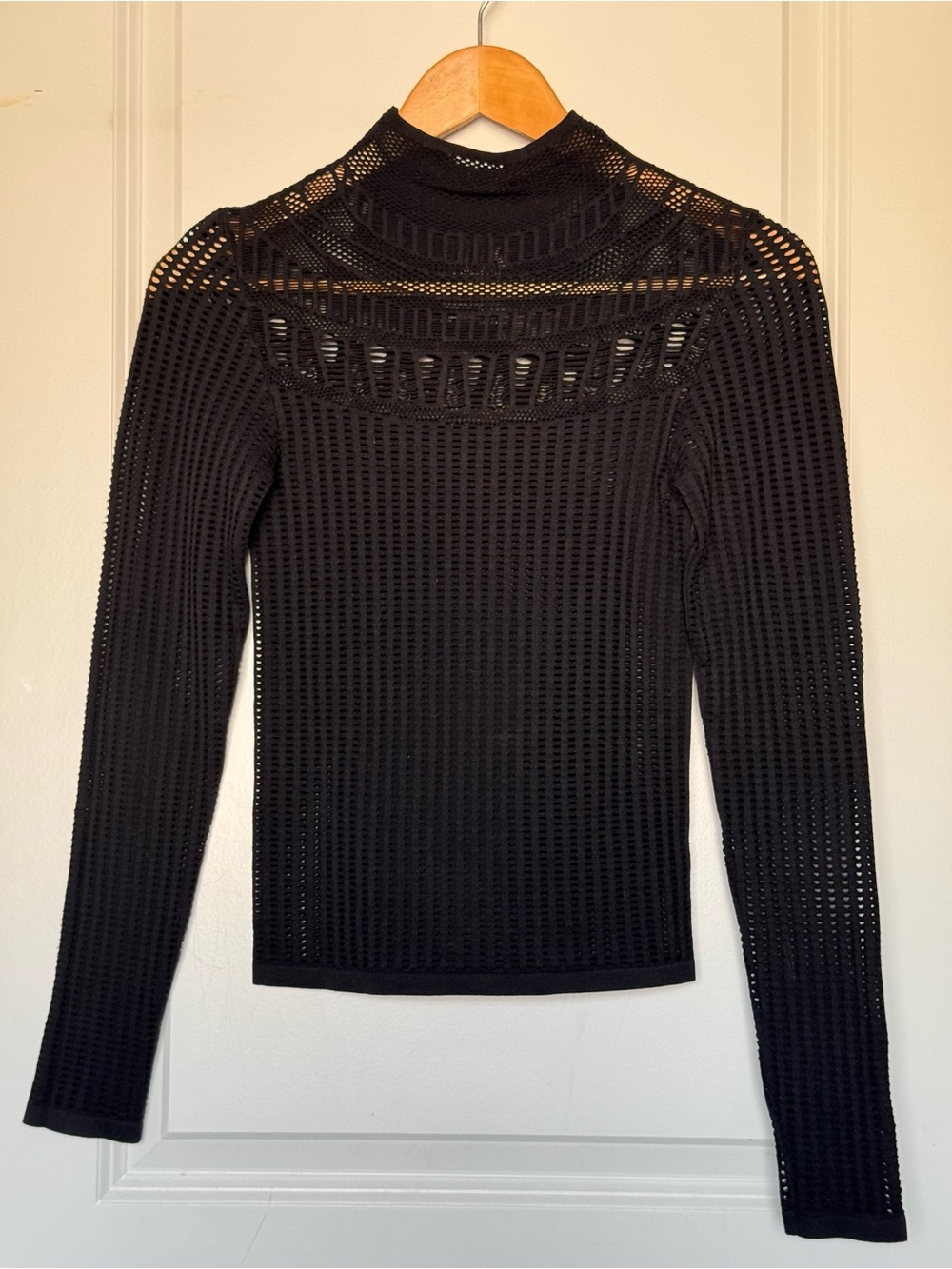 Free People Black Open-Knit Long Sleeve Mock Neck Top, XS/S